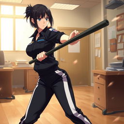 An anime-style female police officer engaged in an intense fight inside a police station, expertly wielding a police baton