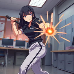 An anime-style scene depicting a female police officer with straight black hair, wearing black and white track pants, engaged in a dynamic hand-to-hand combat at a police station