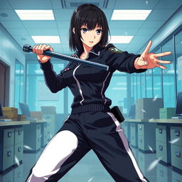 An anime-style scene depicting a female police officer with straight black hair, wearing black and white track pants, engaged in a dynamic hand-to-hand combat at a police station