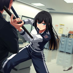 An anime-style scene depicting a female police officer with straight black hair, wearing black and white track pants, engaged in a dynamic hand-to-hand combat at a police station