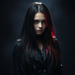 A girl with long hair that beautifully transitions from black to red, symbolizing her connection to darkness