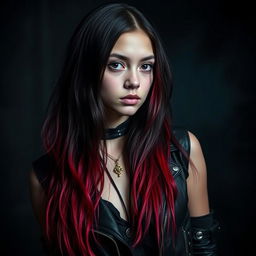 A girl with long hair that beautifully transitions from black to red, symbolizing her connection to darkness