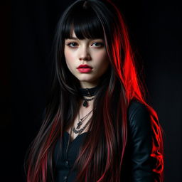 A girl with long hair that beautifully transitions from black to red, symbolizing her connection to darkness