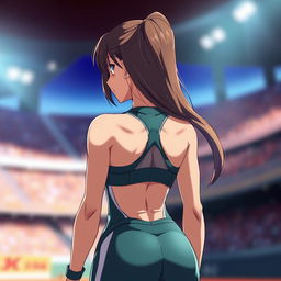 A captivating anime female athlete viewed from behind, showcasing her athletic physique and the contours of her body
