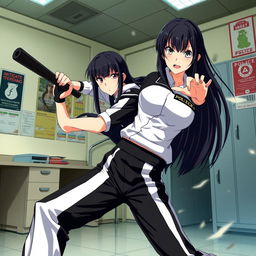 An anime-style scene featuring a female police officer with long straight black hair, dressed in black and white track pants, fiercely battling inside a police station
