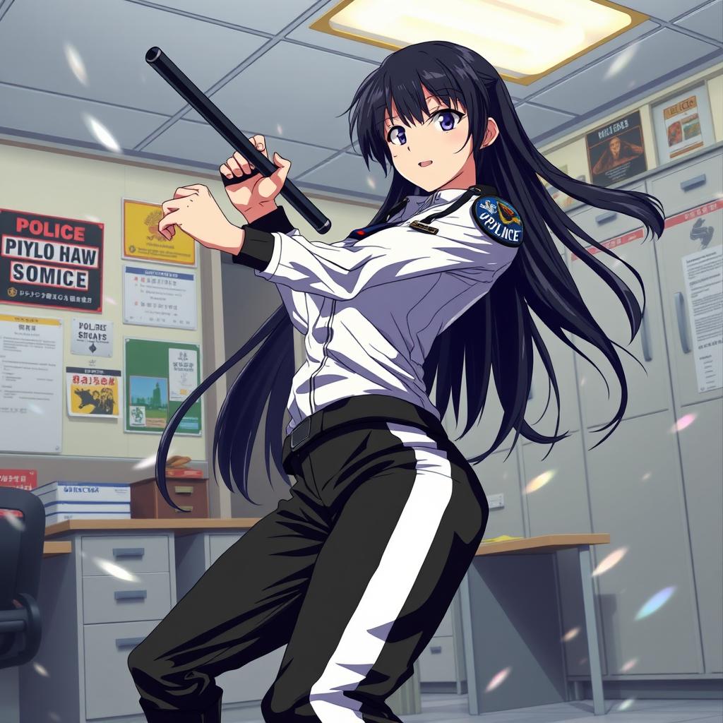 An anime-style scene featuring a female police officer with long straight black hair, dressed in black and white track pants, fiercely battling inside a police station