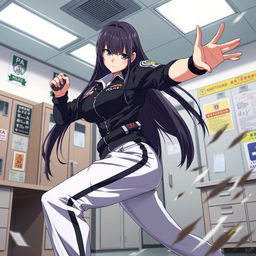 An anime-style scene featuring a female police officer with long straight black hair, dressed in black and white track pants, fiercely battling inside a police station