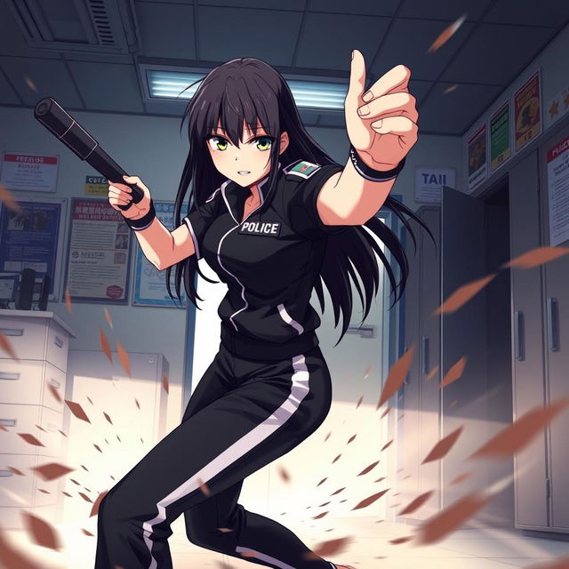 An anime-style scene featuring a female police officer with long straight black hair, dressed in black and white track pants, fiercely battling inside a police station