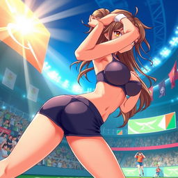 An anime-style illustration of a sexy female athlete in a dynamic pose, showcasing her athleticism and confidence