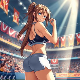 An anime-style illustration of a sexy female athlete in a dynamic pose, showcasing her athleticism and confidence