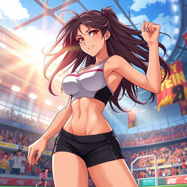 An anime-style illustration of a sexy female athlete in a dynamic pose, showcasing her athleticism and confidence