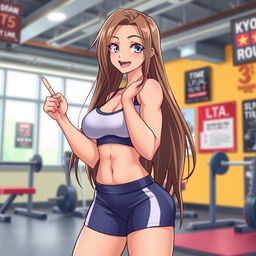 An anime-style illustration of a sexy female athlete in a playful 'doggy style' pose, emphasizing her athletic physique and confident expression