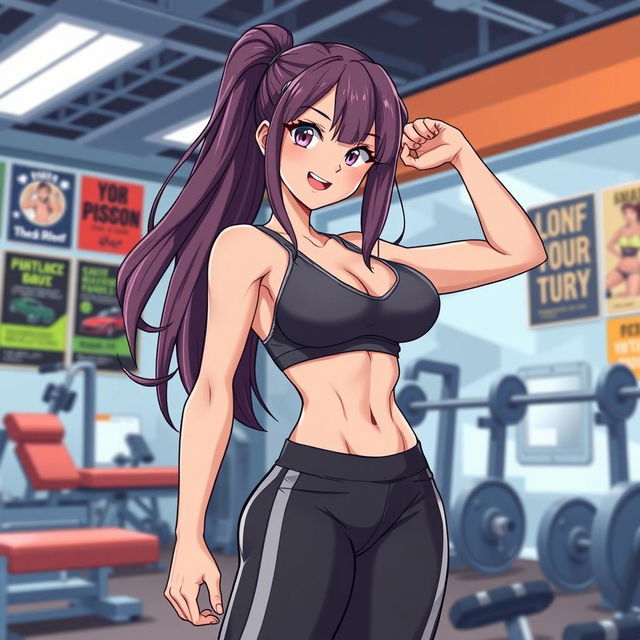 An anime-style illustration of a sexy female athlete in a playful 'doggy style' pose, emphasizing her athletic physique and confident expression