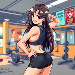 An anime-style illustration of a sexy female athlete in a playful 'doggy style' pose, emphasizing her athletic physique and confident expression