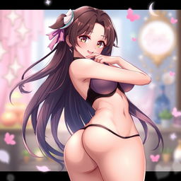 An anime-style illustration of a sexy female character in a playful 'doggy style' pose, showcasing her alluring curves and a confident demeanor