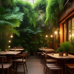 A cozy cafe restaurant situated in a 10 by 20 yard area, furnished with rustic wooden tables and chairs, featuring soft ambient lighting and lush green indoor plants.