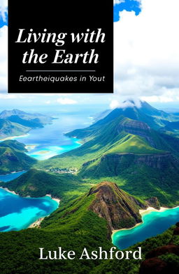 A stunning book cover for an ebook titled 'Living with the Earth: Earthquakes in Vanuatu' by Luke Ashford