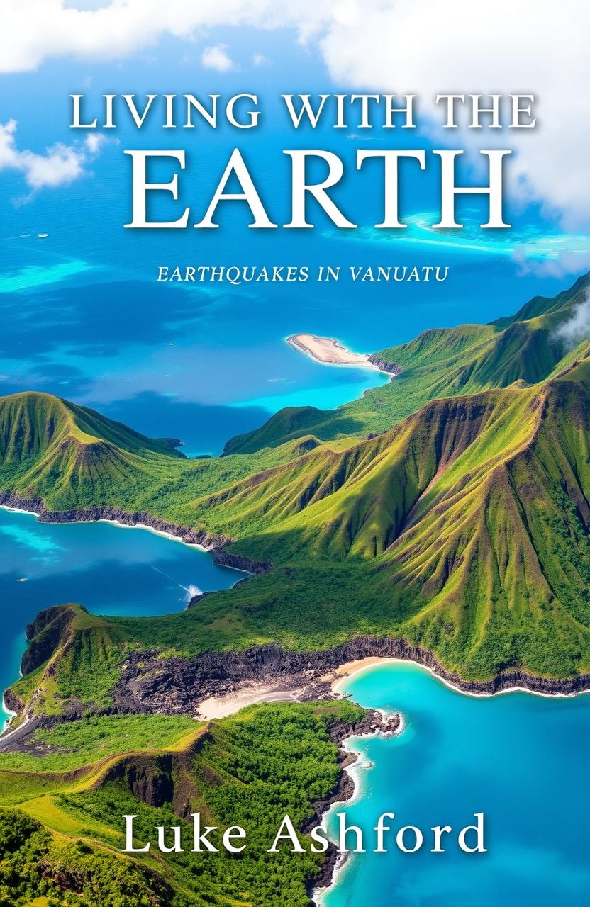 A stunning book cover for an ebook titled 'Living with the Earth: Earthquakes in Vanuatu' by Luke Ashford