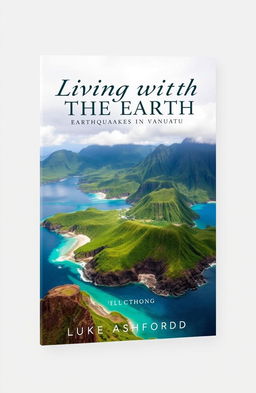 A stunning book cover for an ebook titled 'Living with the Earth: Earthquakes in Vanuatu' by Luke Ashford
