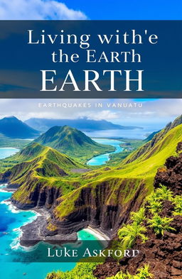 A stunning book cover for an ebook titled 'Living with the Earth: Earthquakes in Vanuatu' by Luke Ashford