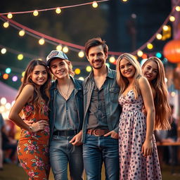 An artistic representation of a fantasy gathering featuring Anahi, Justin Bieber, Ashton Kutcher, and Sabrina Carpenter