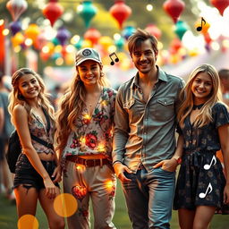 An artistic representation of a fantasy gathering featuring Anahi, Justin Bieber, Ashton Kutcher, and Sabrina Carpenter