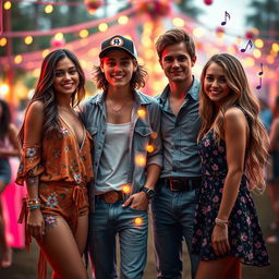 An artistic representation of a fantasy gathering featuring Anahi, Justin Bieber, Ashton Kutcher, and Sabrina Carpenter