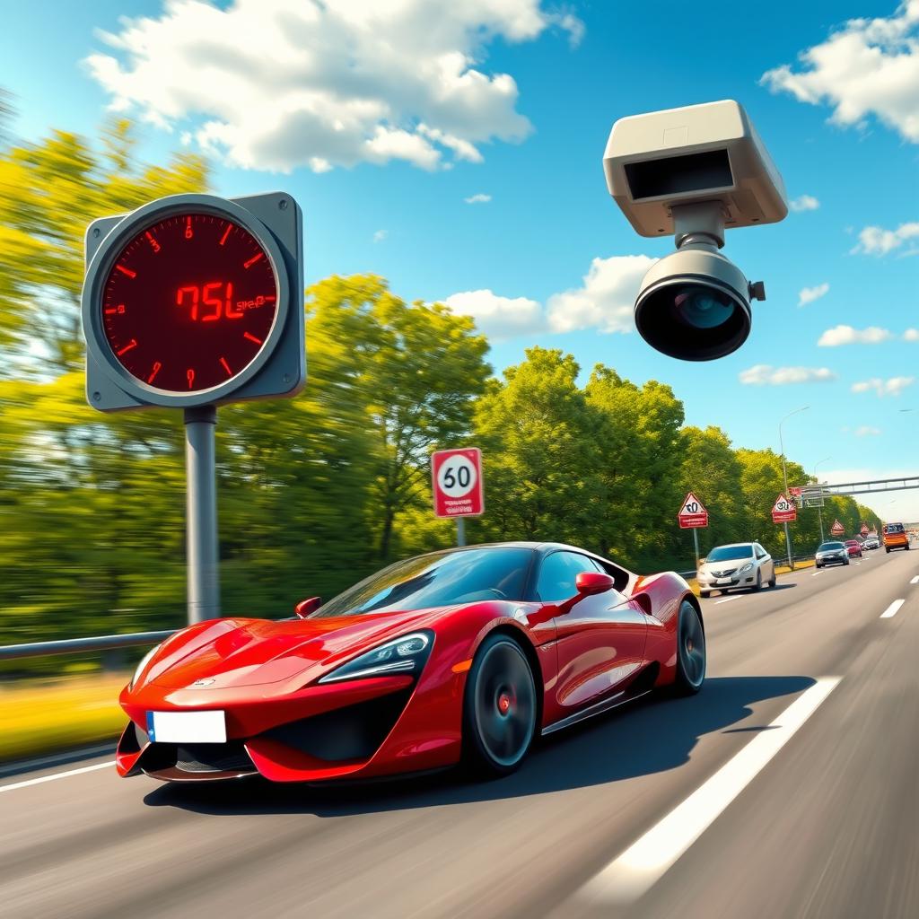 A detailed and vibrant scene depicting a speed radar on the side of a busy highway