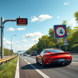 A detailed and vibrant scene depicting a speed radar on the side of a busy highway