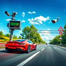 A detailed and vibrant scene depicting a speed radar on the side of a busy highway