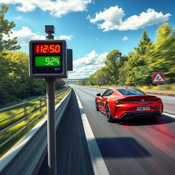 A detailed and vibrant scene depicting a speed radar on the side of a busy highway