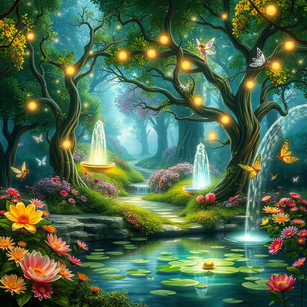 A magical fairy land background featuring lush green forests, sparkling fountains, and colorful flowers blooming everywhere