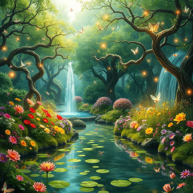 A magical fairy land background featuring lush green forests, sparkling fountains, and colorful flowers blooming everywhere