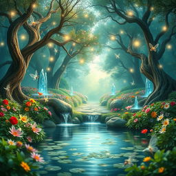 A magical fairy land background featuring lush green forests, sparkling fountains, and colorful flowers blooming everywhere