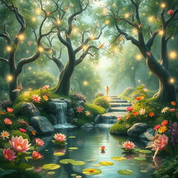 A magical fairy land background featuring lush green forests, sparkling fountains, and colorful flowers blooming everywhere
