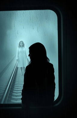 A foggy, rain-streaked train window that sets a mysterious and suspenseful atmosphere