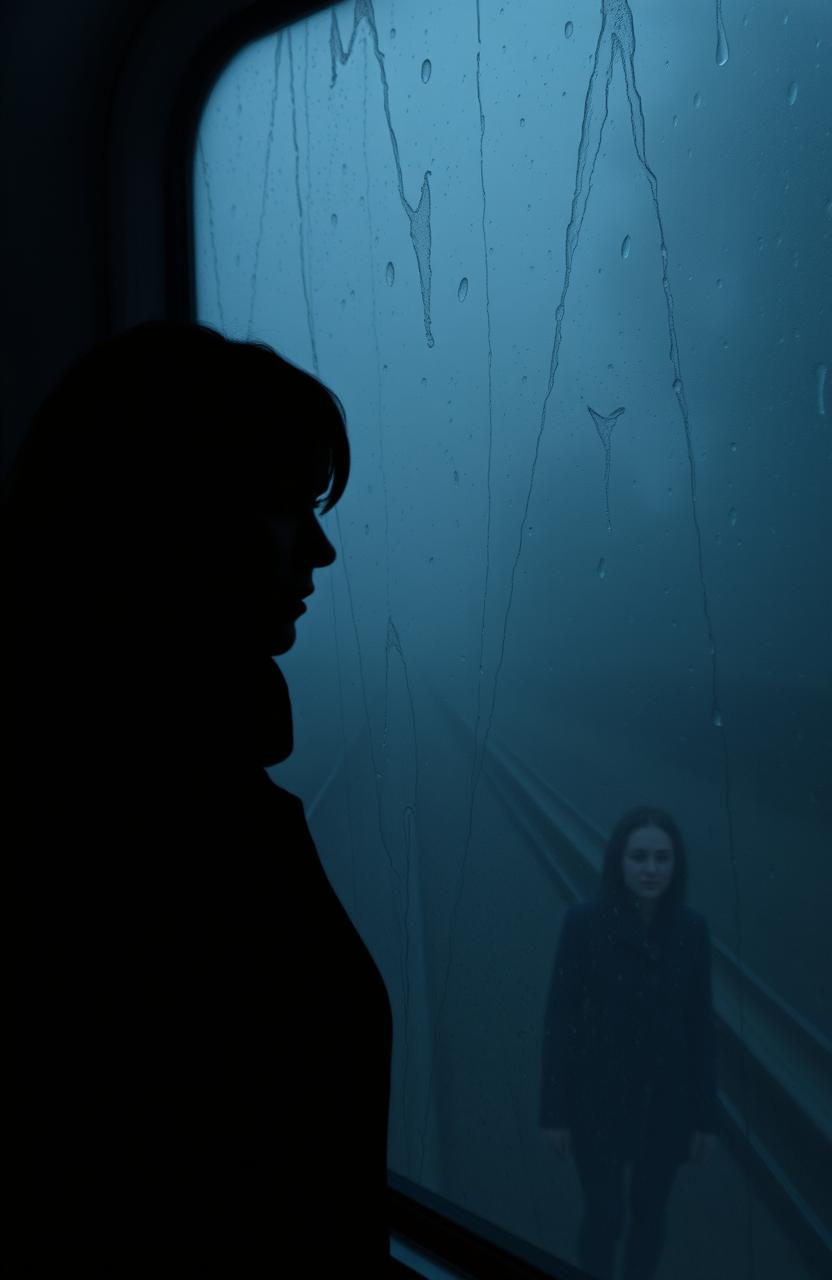 A foggy, rain-streaked train window that sets a mysterious and suspenseful atmosphere