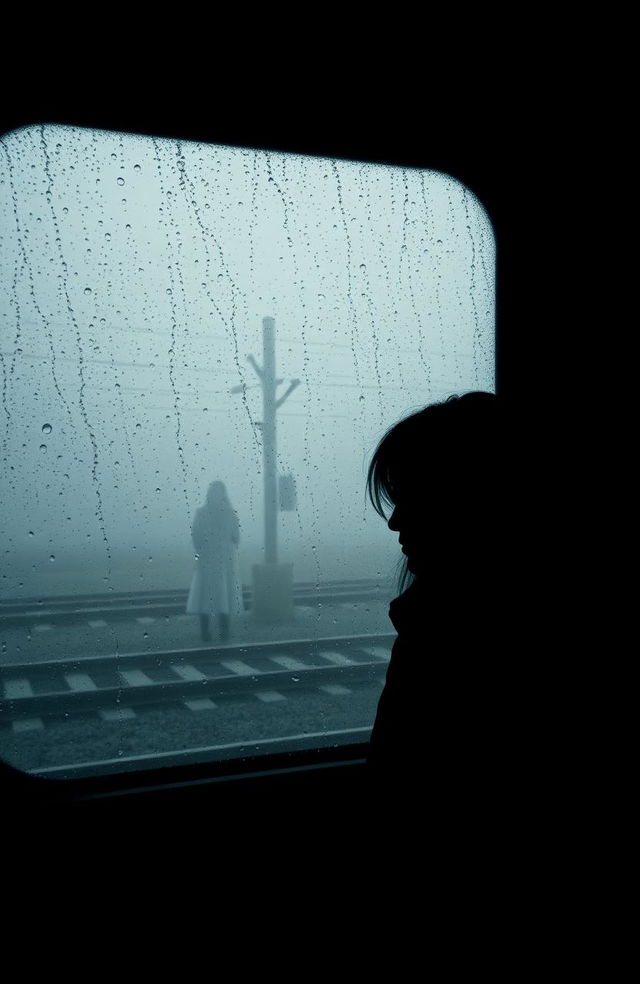 A foggy, rain-streaked train window that sets a mysterious and suspenseful atmosphere