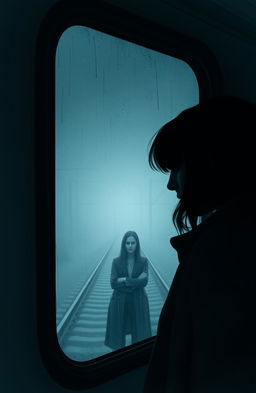 A foggy, rain-streaked train window that sets a mysterious and suspenseful atmosphere