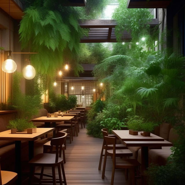 A cozy cafe restaurant situated in a 10 by 20 yard area, furnished with rustic wooden tables and chairs, featuring soft ambient lighting and lush green indoor plants.