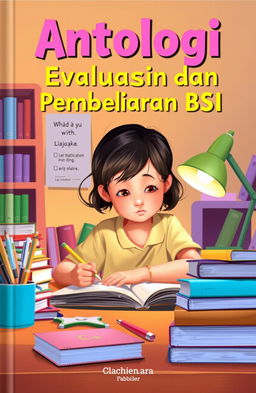 A book cover design featuring a young girl diligently working on her homework at a study desk, surrounded by books and stationery