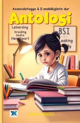 A book cover design featuring a young girl diligently working on her homework at a study desk, surrounded by books and stationery