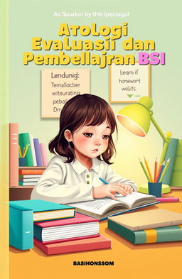 A book cover design featuring a young girl diligently working on her homework at a study desk, surrounded by books and stationery
