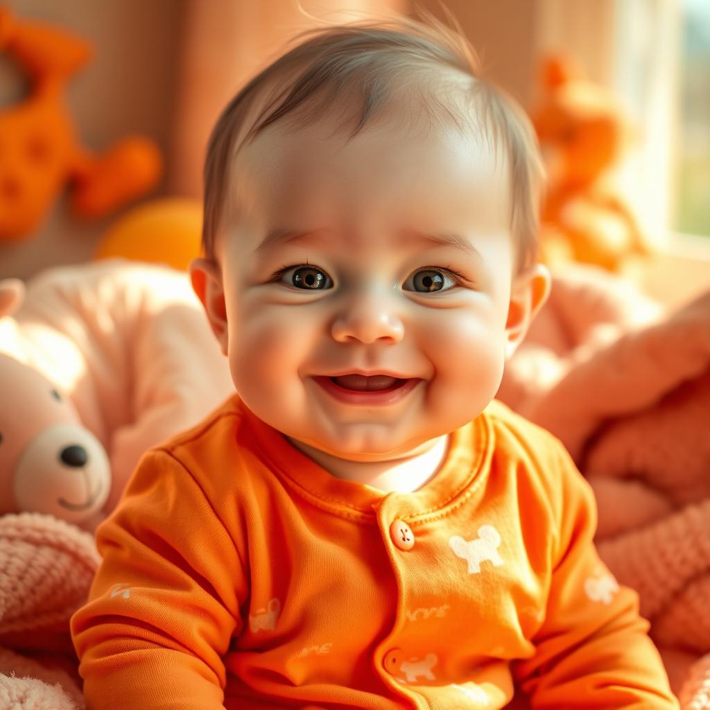 A beautifully enhanced image of a cute 6-month-old baby, surrounded by a warm orange theme