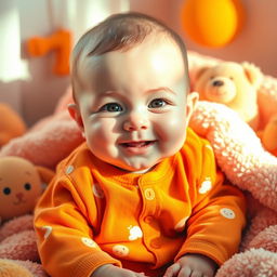 A beautifully enhanced image of a cute 6-month-old baby, surrounded by a warm orange theme