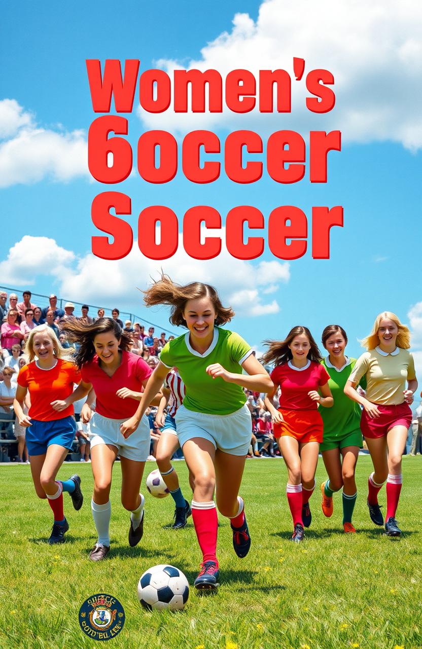 A vibrant cover design featuring a women's soccer team from the 1960s, showcasing a diverse group of female players in retro soccer uniforms