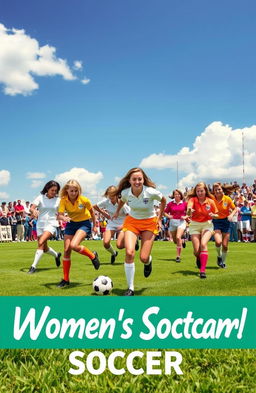 A vibrant cover design featuring a women's soccer team from the 1960s, showcasing a diverse group of female players in retro soccer uniforms