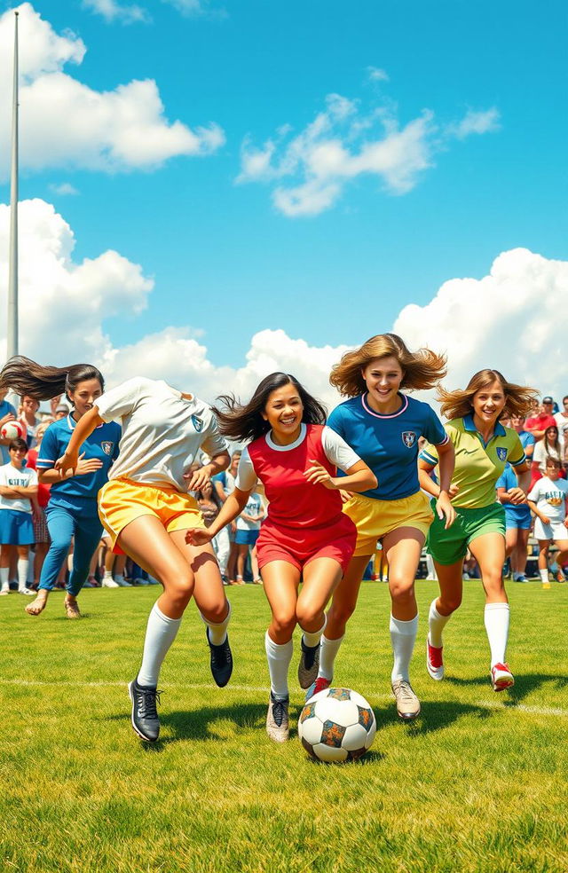 A vibrant cover design featuring a women's soccer team from the 1960s, showcasing a diverse group of female players in retro soccer uniforms