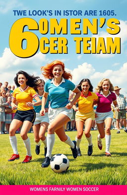 A vibrant cover design featuring a women's soccer team from the 1960s, showcasing a diverse group of female players in retro soccer uniforms