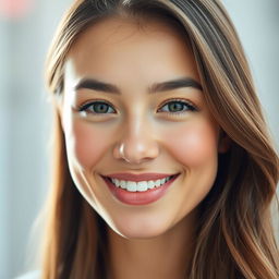 A close-up portrait of a beautiful woman with flawless skin, radiant complexion, and an enchanting smile